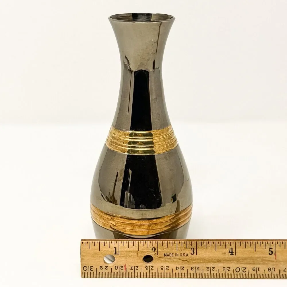 Vintage Silver Tone Metal Bud Vase Brass Bands Made In India Modern Decor 6.5”